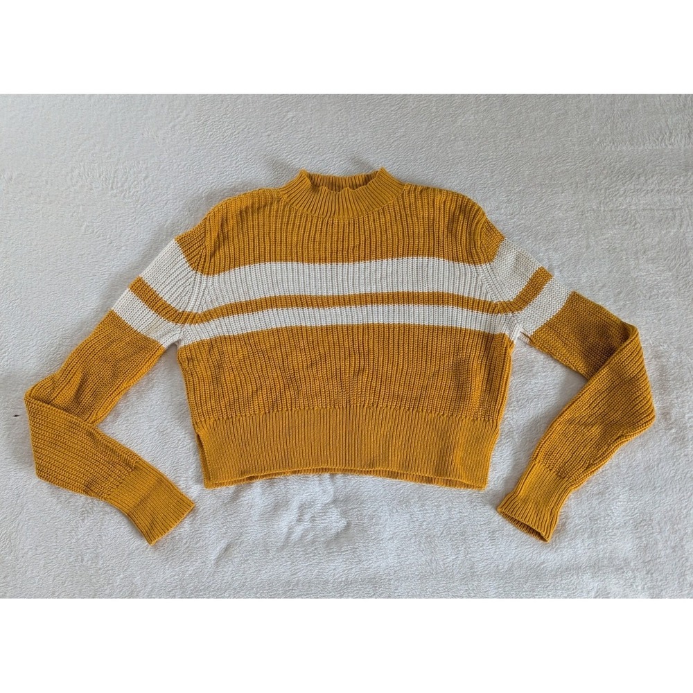 Long Sleeve Sweater Mustard Yellow White Striped Cropped Cotton Sz S Retro 70s
